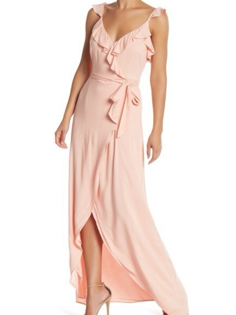 PAIGE Womens M Blush Pink Ruffle Wrap Maxi Dress Tie Waist Wedding Guest Rayon